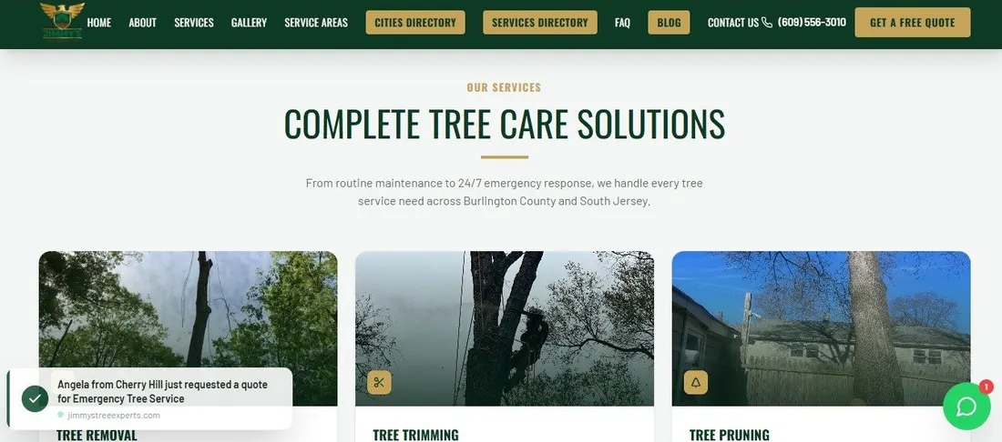Bloque Complete Tree Care Solutions de Jimmy’s Tree Experts con tree removal, trimming y pruning