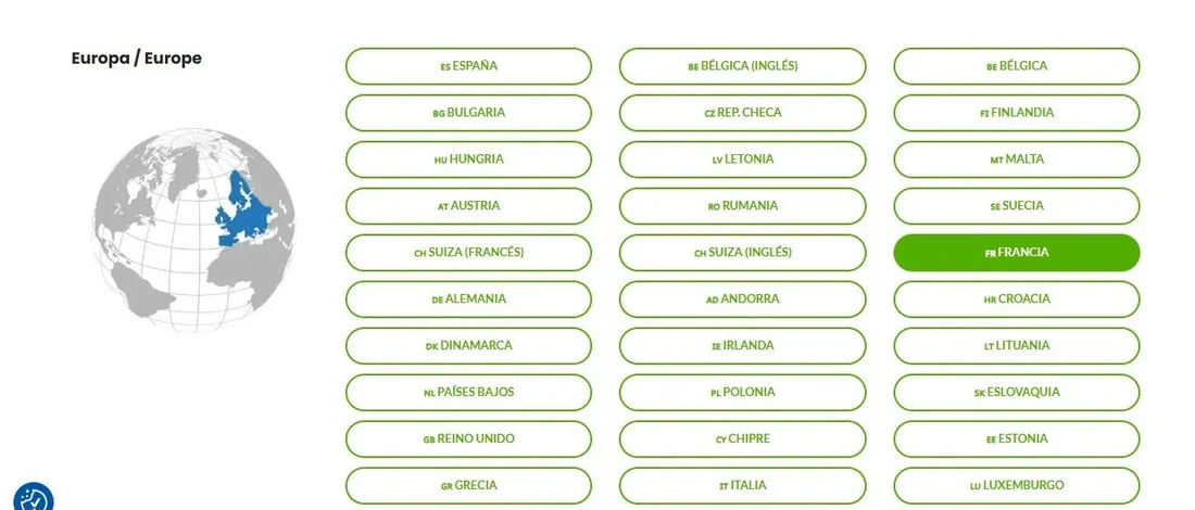 Selector Europa de BarterNetShop con botones de país e idioma, entre ellos Alemania, Francia, Suiza e Italia