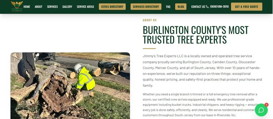 Sección About de Jimmy’s Tree Experts con cuadrilla retirando un tronco y texto de cobertura en cuatro condados