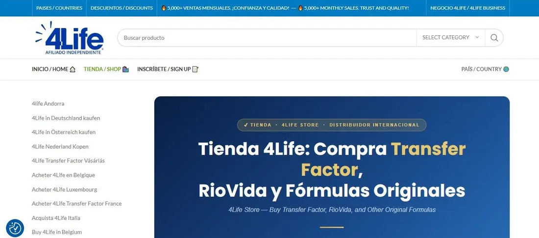 Portada real de barternetshop.com: menú bilingüe, buscador y listado de tiendas por país junto al mensaje de compra de Transfer Factor