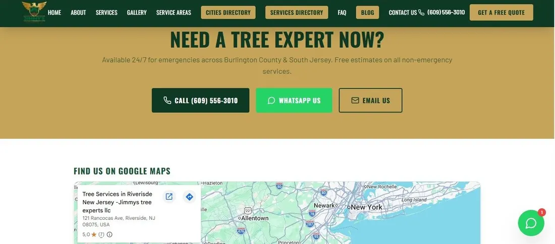 Menú de Jimmy’s Tree Experts con Cities Directory, Services Directory y mapa de Riverside, NJ