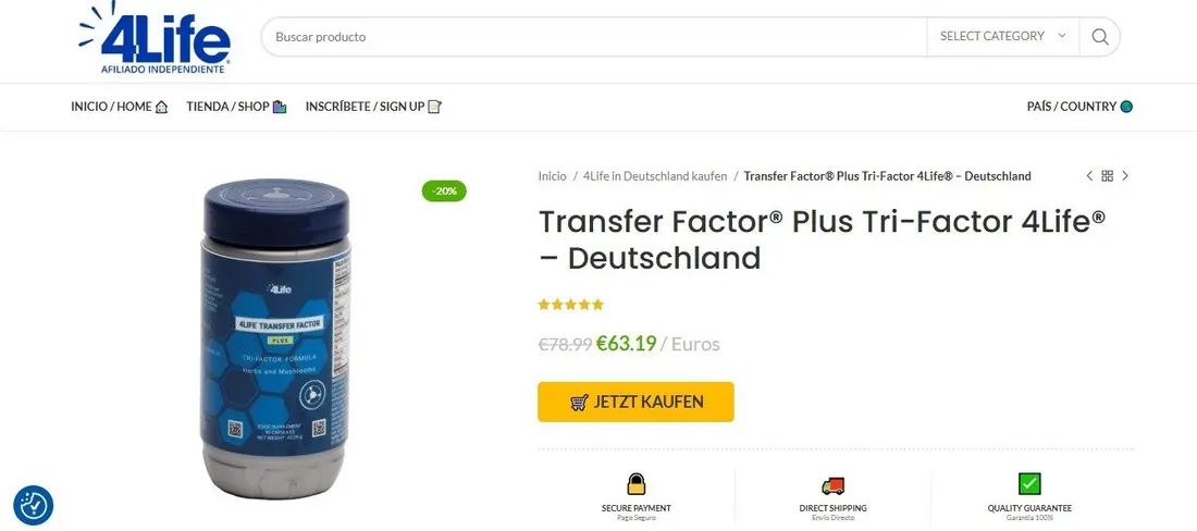 Ficha real de Transfer Factor Plus Tri-Factor 4Life para Deutschland, con precio en euros y botón Jetzt kaufen