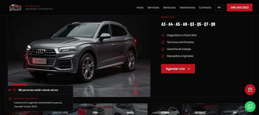 Ficha de Audi en OVERTECH con modelos A3, A4, A5, A6, Q3, Q5, Q7 y Q8 y botón Agendar cita