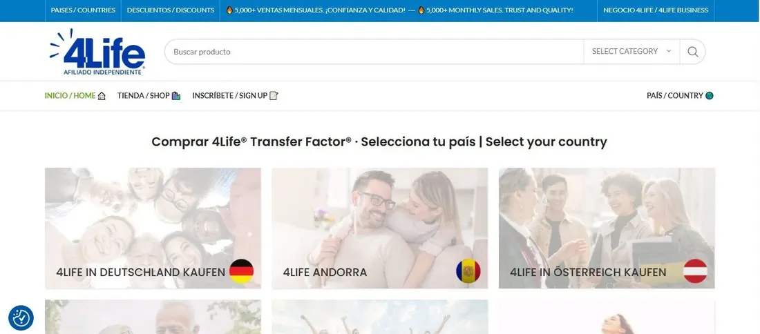 Página real para seleccionar país en BarterNetShop, con tarjetas de Alemania, Andorra y Austria