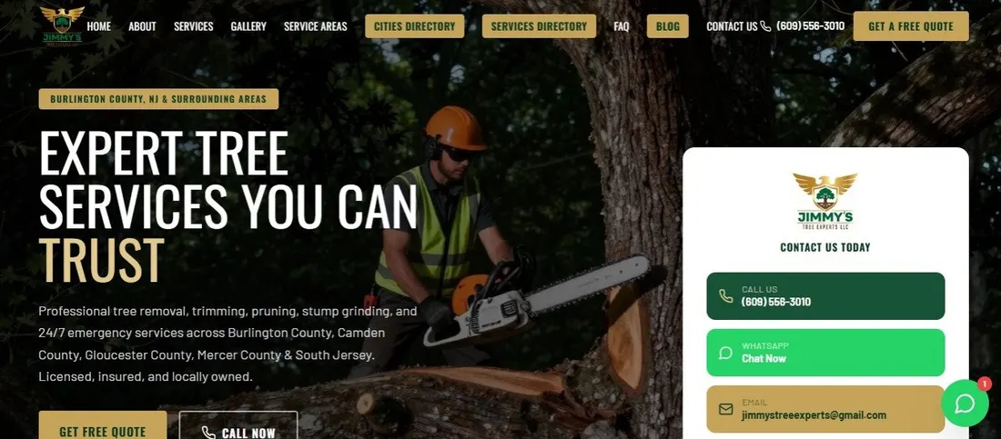 Hero de jimmystreeexperts.com: Expert Tree Services You Can Trust, cobertura de South Jersey y panel de contacto