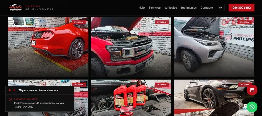 Galería del taller OVERTECH: Mustang en detailing, F-150 con capó abierto y envases Motorcraft