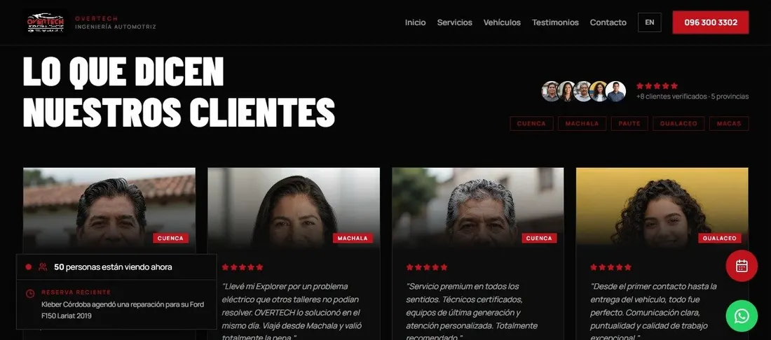 Sección de testimonios de OVERTECH con reseñas de clientes de Cuenca, Machala, Paute y Gualaceo