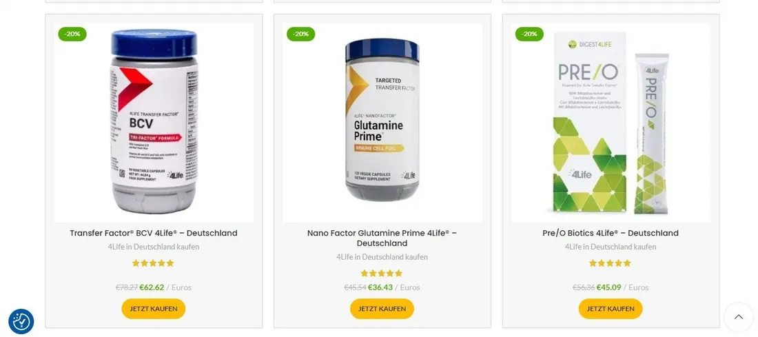 Listado real de productos 4Life para Deutschland en BarterNetShop, con precios en euros y botón Jetzt kaufen