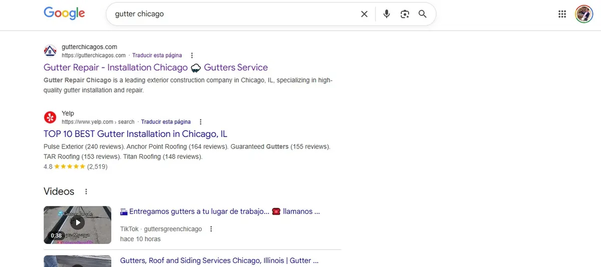 Resultados de Google con Gutter Chicago en la primera posición