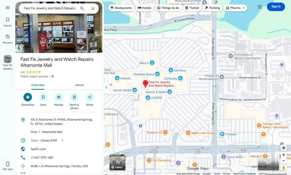 Ficha de Google Maps de Fast Fix Jewelry and Watch Repairs en Altamonte Mall