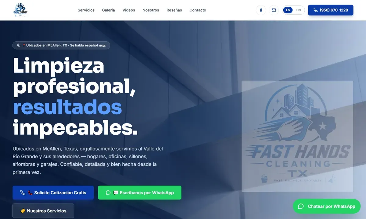 Página de inicio de mcallenfasthandsclean.com, limpieza profesional en McAllen, Texas