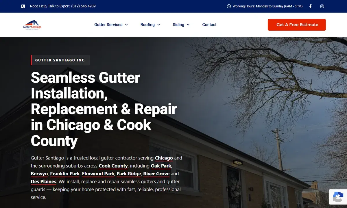Página de inicio de guttersantiago.com, web de Gutter Santiago en Chicago