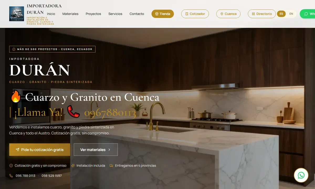 Página de inicio de cuarzogranitoecuador.com, Importadora Durán en Cuenca